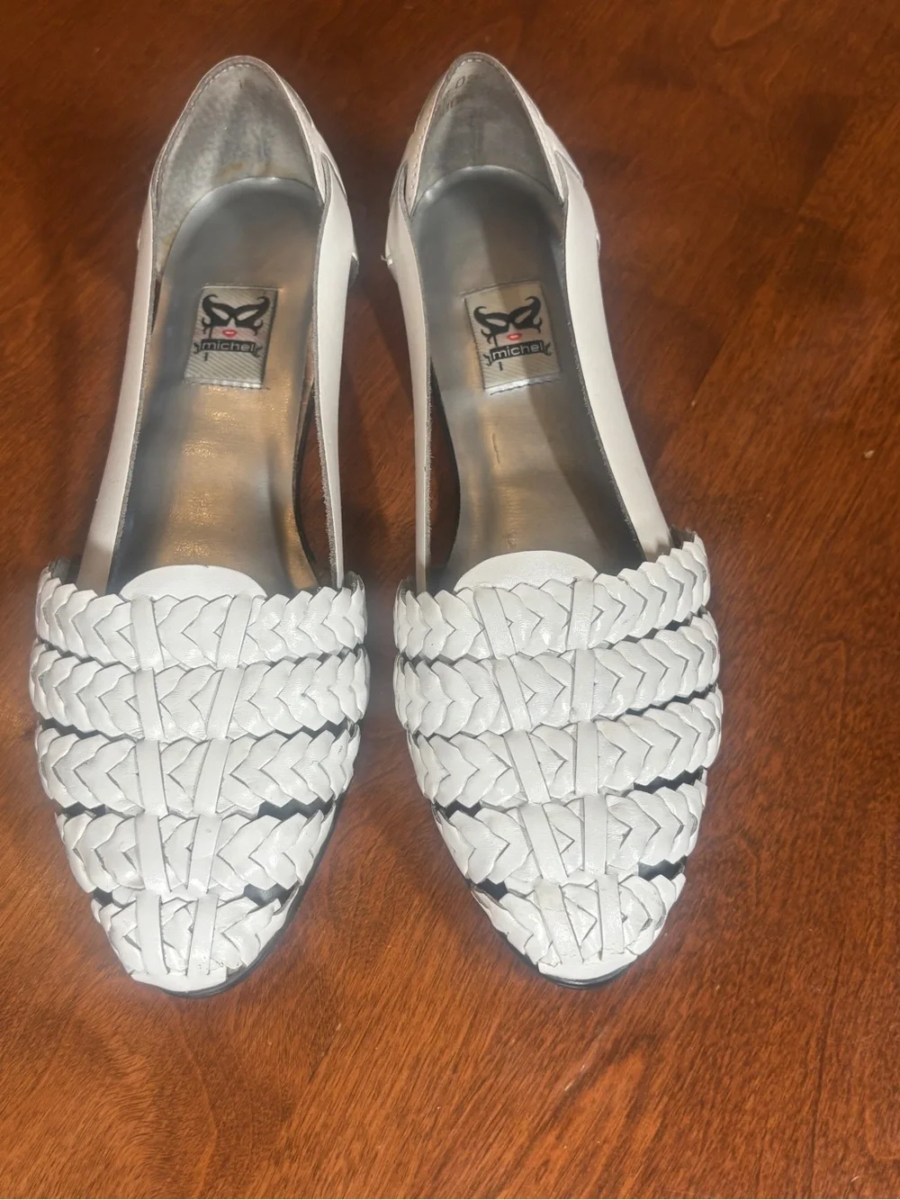 White Woven Pointed Leather Flats by